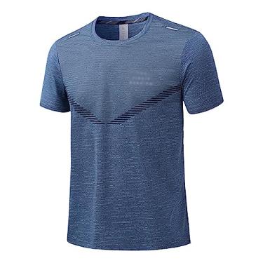 Imagem de Camiseta masculina atlética manga curta alta elástica impressão suave top secagem rápida leve academia, Azul-escuro, XG