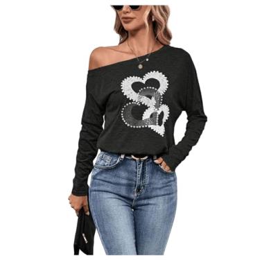 Imagem de SOLY HUX Camisetas femininas com estampa de coração, ombros de fora, manga comprida, casual, Coração preto, G