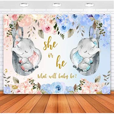Imagem de Sensfun Elefante pano de fundo revelador de gênero rosa ou azul He or She What Will Be Gravidez Revelar Fundo de fotografia floral para meninos ou meninas decorações de festa de chá de bebê banner 2,1