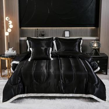 Imagem de Jogo de lençol solteiro de cetim luxuoso de seda com estampa de babados brancos para decoração de casa, hotel de 6 peças, com 1 capa de almofada (twin, preto)