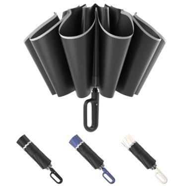 Imagem de KAYLEINSTER Guarda-chuva invertido com alça de mosquetão, guarda-chuva automático grande reverso para chuva e sol com faixa refletiva, guarda-chuva compacto de viagem 10 costelas à prova de vento para
