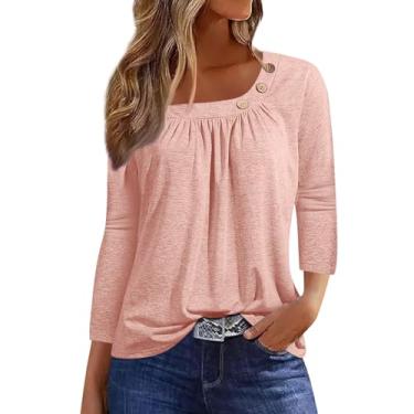 Imagem de Camiseta feminina manga 3/4 comprimento verão outono gola quadrada casual rodada botão franzido cor sólida túnica blusa blusa de trabalho, rosa, G