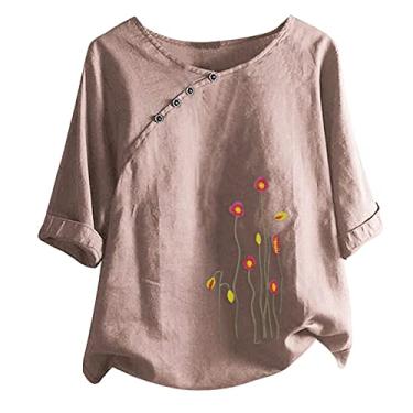 Imagem de Blusa de linho feminina casual de verão, túnica solta, gola redonda, botão, blusa plus size, caimento solto, estampa de elefante, Z - Tops de linho - B-rosa, 4G