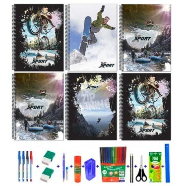 Imagem de Kit 5 cadernos capa dura espiral sports 96 folhas 38 itens