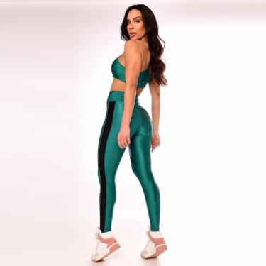 Imagem de Calça Legging Feminina Glossy Cós Duplo com Bolso Cós Faixa Lateral Fitness Verde e Preto-Feminino