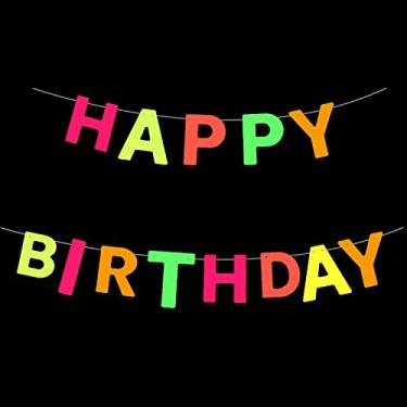 Imagem de Banner de feliz aniversário neon UV que brilha no escuro que brilha no escuro, decorações que brilham no escuro, luz negra, reativa, fluorescente, artigos de festa de aniversário, luz negra (faixa de