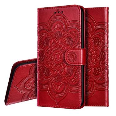 Imagem de OOPKINS Capa de couro PU compatível com iPhone 12 Pro mandala design em relevo capa de telefone flip notebook carteira compartimento para cartão suporte magnético capa para iPhone 12 mandala vermelha