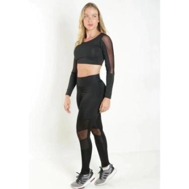 Imagem de Conjunto Fitness Feminino Calça Legging Com Tela e Tule + Cropped Manga Longa -Feminino