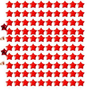 Imagem de Kit 102 Balões Metalizado Estrela Vermelho 20cm Canudo 15cm - Gala, Ve