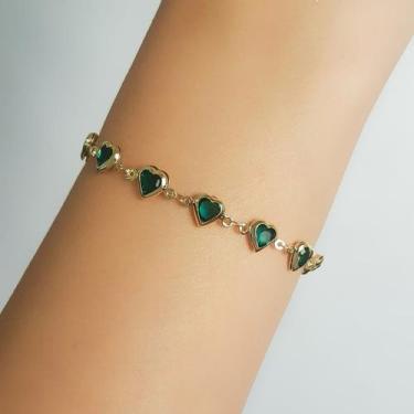 Imagem de Pulseira Corações Cristal Esmeralda Banhado a Ouro - Lazzuli Joias