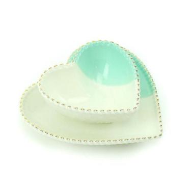 Imagem de Jogo de Prato e Bowl de Cerâmica Coração Branco e Verde - PraCaza