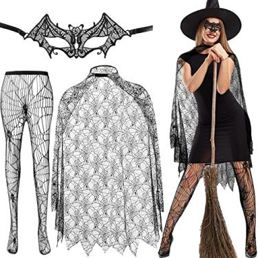 Imagem de Fantasia feminina de teia de aranha de Halloween, poncho de teia de aranha, renda estampada, meia arrastão de máscara, máscara veneziana para festa, fantasia, baile de carnaval, preto, Preto, One Size