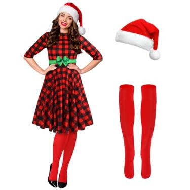 Imagem de Hillban Conjunto de 3 peças de fantasia de elfo de Natal feminino, manga curta, vestido de Natal até a coxa, chapéu de Papai Noel, Estilo xadrez, M