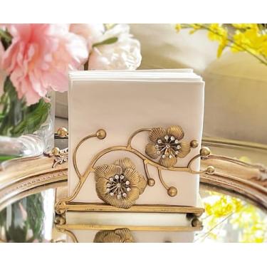 Imagem de Chez Juju Porta-guardanapos de flores de orquídeas douradas | Design requintado de flores de orquídea e cristais falsos | Organizador de dispensador de toalha de papel de seda descartável vertical de
