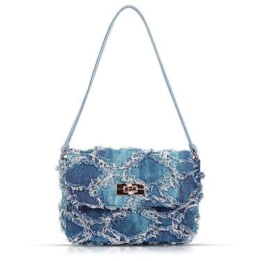 Imagem de QTKJ Sacola feminina, bolsa de praia, bolsa de mão macia de tecido jeans, bolsa de ombro boêmia, adequada para férias, viagens, uso diário, Azul