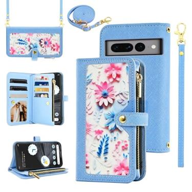 Imagem de Furiet Capa carteira floral para Google Pixel 7 Pro 5G com alça de pulso, alça de ombro flip com zíper, suporte de cartão de couro PU de luxo para celular para Pixel7Pro Pixel7 XL Seven 7Pro 6,7 azul