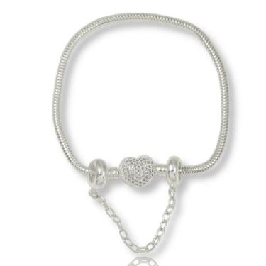 Imagem de Pulseira Trava Berloqueira Fecho Coração Cravejada Prata 925 - Lojas L