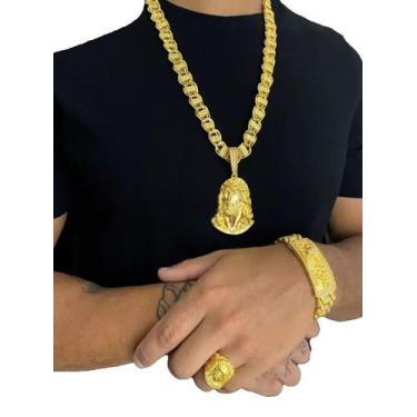 Imagem de Kit Jesus Cristo Cordão Dubai Cravejado 13mm + Pingente + Bracelete 15