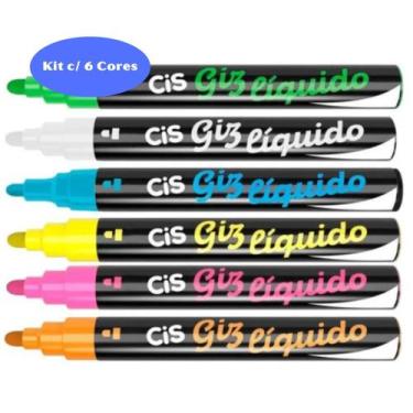 Imagem de Kit Giz Líquido Neon 5mm CiS c/ 6 Cores Caneta Lousa Quadro Vidros