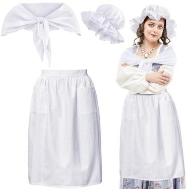 Imagem de Hercicy Conjunto de 3 peças de fantasia colonial para mulheres, boné de máfia branca, xale, meio avental, empregada camponesa, peregrino, fantasia, cosplay para meninas (gorro de avó)