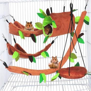 Imagem de Hamiledyi Conjunto de cama e esconderijo para animais pequenos, 5 peças – rede de algodão para hamster, túnel, acessórios de gaiola giratória para hamster anão, rato, gerbil
