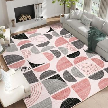 Imagem de MUJOO Tapetes laváveis rosa 22 x 30 cm, tapetes boho para sala de estar, quarto, sala de jantar, tapete grande, antiderrapante, macio, moderno, abstrato, rosa e cinza