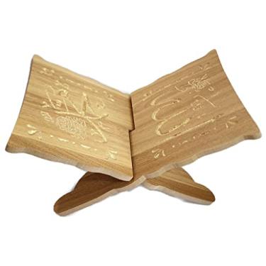 Imagem de Holy Al-Quran Suporte de livro de madeira Rihal AMN-386 Islam Allah Muhammad Nomes esculpidos dobrável Rehal Bible Magazine Cookbook Display Holder Rack muçulmano Eid Ramadan Gift (ouro)
