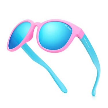 Imagem de Óculos de sol infantis polarizados TPEE armação flexível de borracha 100% de proteção UV para meninos e meninas de 5 a 13 anos, A - Armação rosa brilhante/azul | Lente Revo azul, Kids