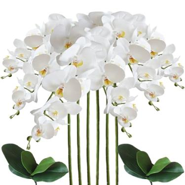 Imagem de Sumupa Phalaenopsis artificial, 6 peças, flores artificiais, orquídeas falsas, caule, plantas com 2 peças de folhas para decoração (branca)
