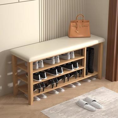 Imagem de Rack de banco para sapatos de madeira com almofada de couro PU, banco de armazenamento de entrada de 3 camadas para corredor, sala de estar, quarto, cor de madeira, 100 x 30 x 52 cm