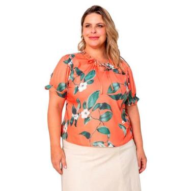 Imagem de Blusa feminina plus size manga curta estampa tropical com renda em cre