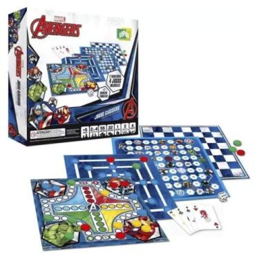 Imagem de Kit 4 Jogos Clássicos Marvel Avengers Dama, Ludo, Trilha e Sobe e Desc