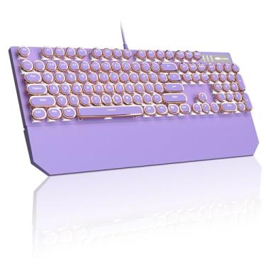 Imagem de Teclado mecânico MageGee para jogos, máquina de escrever, teclas redondas punk roxas, com fio retroiluminação de LED branco para laptop, Mac, PC Gamer, descanso de pulso magnético, interruptor azul