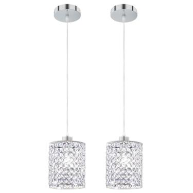 Imagem de Luminária pendente de prata com cristal, pacote com 2 lustres modernos com acabamento cromado, iluminação regulável para cozinha, ilha, banheiro, sala de jantar, bar
