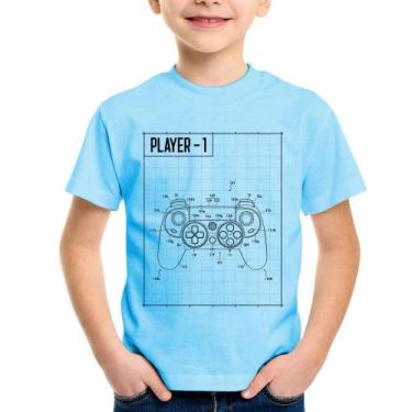 Imagem de Camiseta Infantil Player 1 Controle Joystick - Foca na Moda, Azul bebê