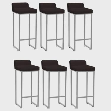 Imagem de Kit 06 Banqueta Alta Mia Com Encosto Cozinha Bistrô Bar Balcão Ferro Prata Corino Marrom - Ahz Móveis