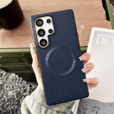 Imagem de Capa de celular magnética de couro com padrão de lichia fina para Samsung S25 S24 Plus FE S22 S23 Ultra A56 A36 A26 A16 Hybrid Protector Cover, azul escuro, para Galaxy S23Ultra