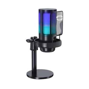 Imagem de Microfone Condensador Gamer RGB USB-C – Sensibilidade -40dB, Base Ajustável, Iluminação LED, Preto – Ideal para Streaming, Podcast e Jogos