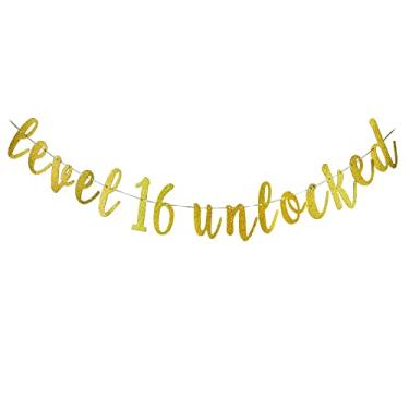 Imagem de Banner desbloqueado nível 16 para meninos meninas decorações de festa de aniversário de 16 anos, doce 16, tema de videogame, feliz aniversário de 16 anos/artigos de festa de aniversário