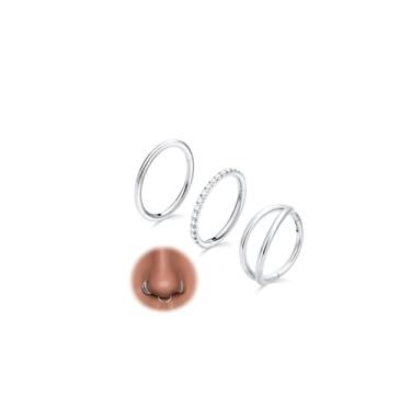 Imagem de DGhera 3 argolas de nariz de aço cirúrgico 316L - 16G/18G/20G com fecho de septo CZ articulado, brincos de cartilagem para hélice, torre, tragus, daith, 20G=(0.8mm)×8mm, Aço inoxidável, Sem Pedra