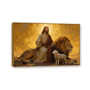 Imagem de SDYJ6GSW Decoração de parede Jesus e Leão Cristão Leão de Judá imagens arte de parede pintura de Deus para igreja sala de estar quarto escritório 30 x 20 cm (12 x 8 pol) moldura teca