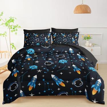 Imagem de QOOMO Conjunto de 7 peças para decoração de quarto infantil, Rocket Star, tamanho solteiro com 1 edredom, 2 fronhas, 2 fronhas pretas, 1 lençol com elástico preto, 1 lençol de cima preto