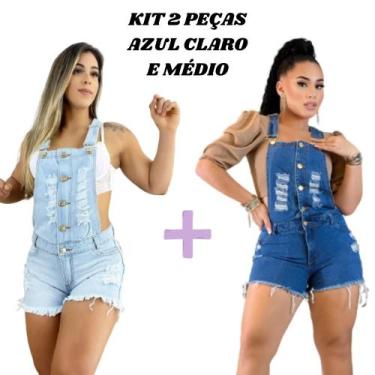 Imagem de Kit 2 Jardineiras Macaquinho Feminino Adulto Jeans Verão Casual Cintur