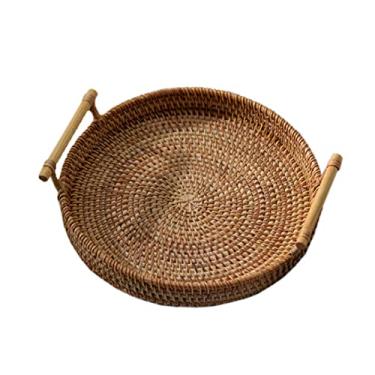 Imagem de Cesta redonda de vime com alça para pão, frutas, comida, café da manhã, cesta de armazenamento de mesa (24 x 7 cm) cozinha