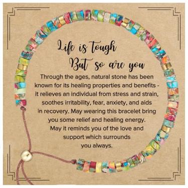 Imagem de Plumiss Pulseiras femininas inspiradoras para presentes, pulseiras com contas de jaspe imperial coloridas feitas à mão, Life is Tough But So Are You, Medium, Pedra, Sem Pedra Preciosa