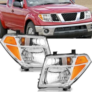 Imagem de Conjunto de faróis compatível com Nissan Frontier 2005 2006 2007 2008, Nissan Pathfinder 2005-2007, par de faróis de halogêneo esquerdo direito, estrutura cromada, lente transparente de canto âmbar
