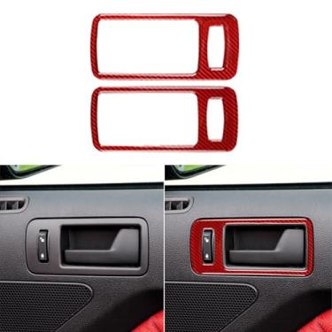 Imagem de PJFUS Adesivo de decoração de painel de maçaneta interna de carro de fibra de carbono vermelho 3K real acessórios de acabamento interno compatível com Ford Mustang GT/Shelby 2009 2010 2011 2012 2013