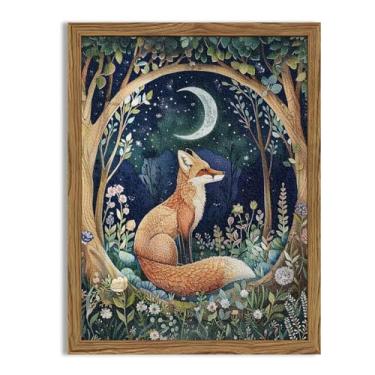 Imagem de Arte de parede vintage texturizada 3D emoldurada - Cottagecore pintado à mão arenito raposa pinturas decoração de parede, peculiar floresta animal floral botânica estética para quarto sala de estar