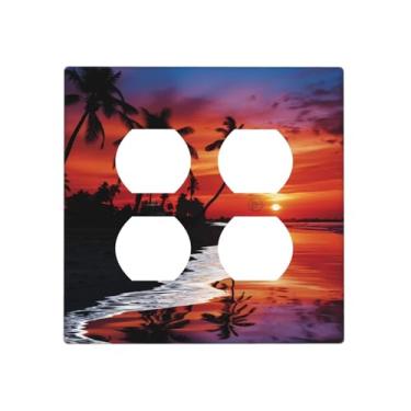 Imagem de Placa de parede para 2 gangs, placas de parede decorativas, capa de interruptor de luz, palmeiras ao anoitecer, placa de parede, capas de tomada elétrica, interruptores de fazenda, placa frontal para