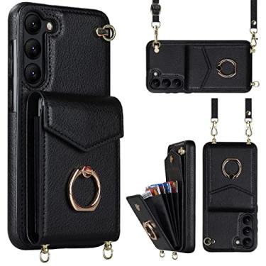 Imagem de YYTVN Capa para Samsung Galaxy S23 5G 6,1 polegadas, capa carteira minimalista com suporte de anel e alça de ombro, capa protetora elegante à prova de choque com alça de pulso para Galaxy S23 - preta